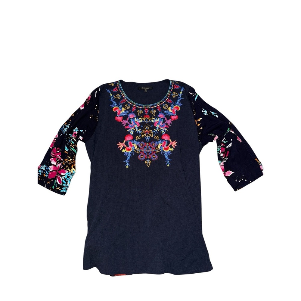 Calessa Tunic Top Womens 1X Textured Embroidered 3/4 Sleeve Art To Wear - Picture 4 of 9